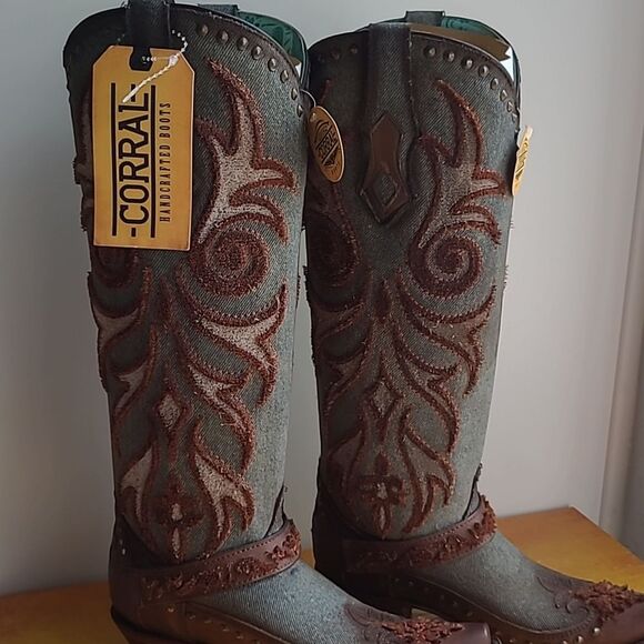 Corral Ladies Denim Bristle Embroidery & Studs Tall Western Boots - Picture 9 of 10